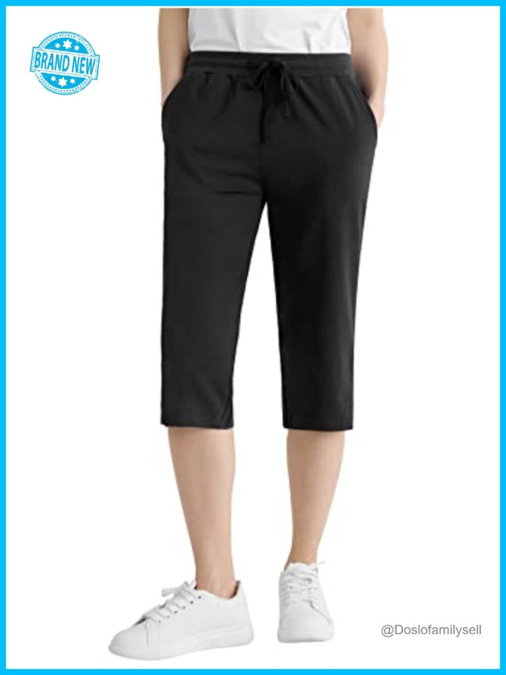 Weintee Petite Cotton Capris with Pockets Elastic Waist Drawstring